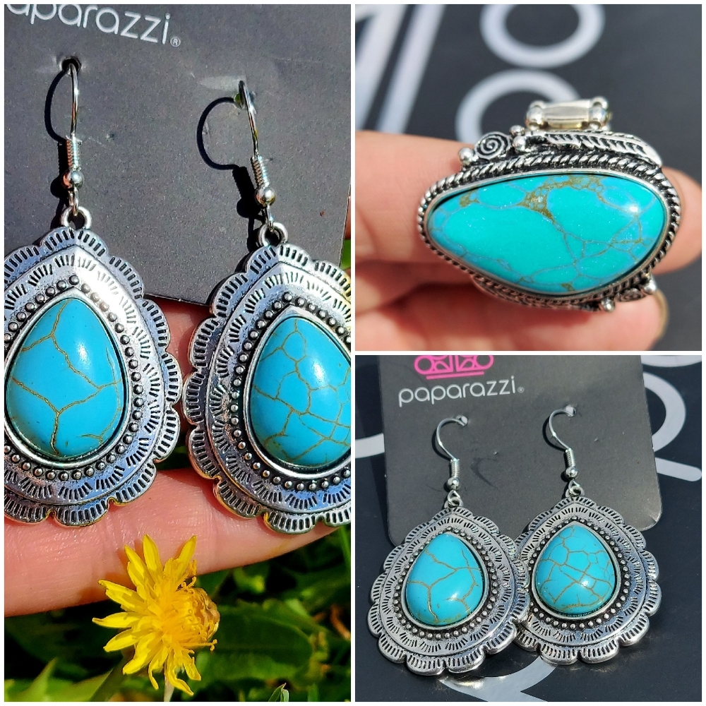 Paparazzi Blue turquoise look earrings and ring